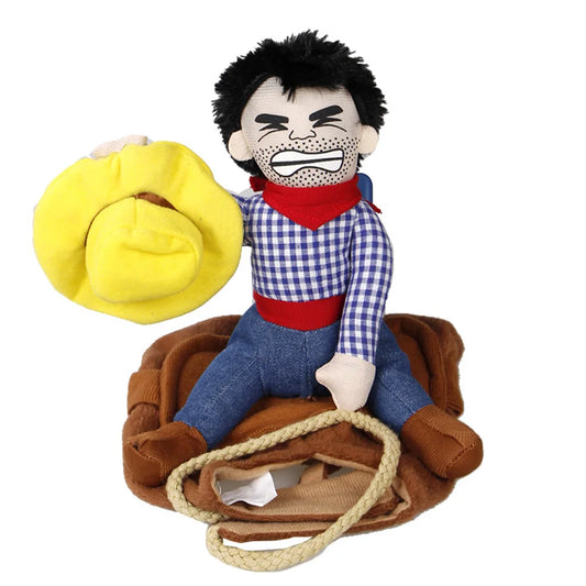 CanineChest cowboy dog costume with a fun cowboy doll riding on the back, comfortable and adjustable for small to medium dogs. Perfect for Halloween or parties.