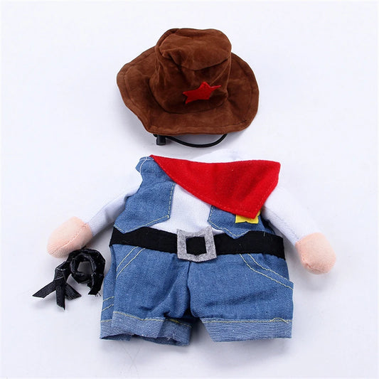 CanineChest cowboy dog costume with funny knight-on-horseback design, adjustable and comfortable for small dogs. Perfect for Halloween and festive events.