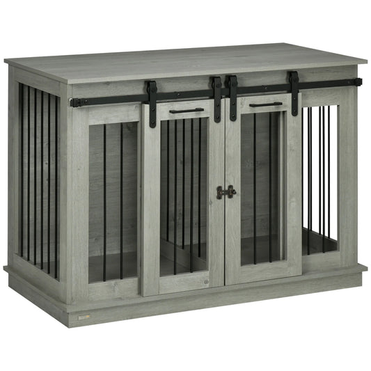 CanineChest dog crate furniture with divider in gray, a large indoor kennel and stylish end table for small to large dogs.