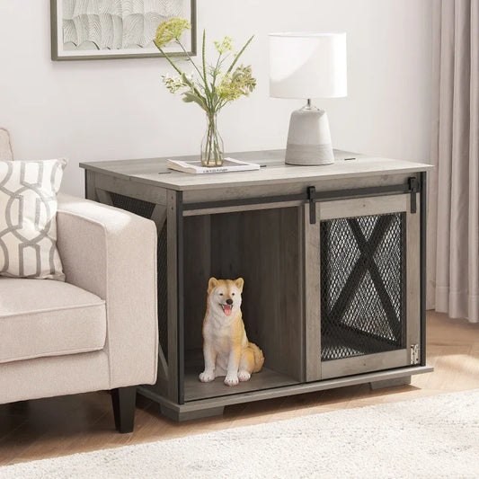 CanineChest farmhouse wooden dog kennel end table, a stylish and functional pet crate that blends with home decor.