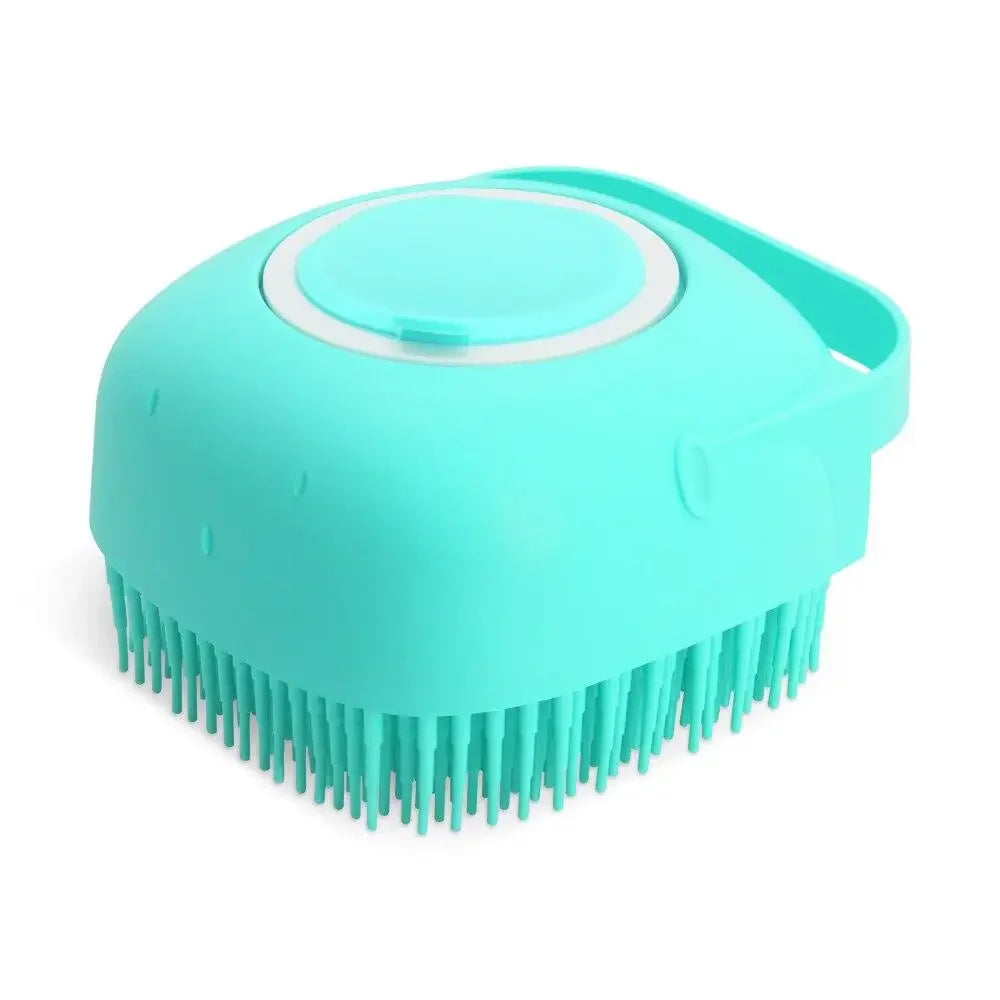 CanineChest shampoo filling dog brush, a convenient grooming tool that dispenses shampoo during brushing for an easy, thorough pet bath.