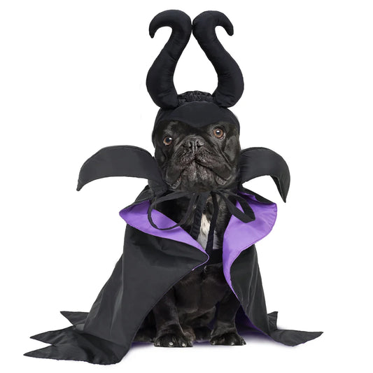 CanineChest Maleficent pet costume with devil horns and vampire cape, perfect for Halloween parties, photoshoots, and festive dress-up.