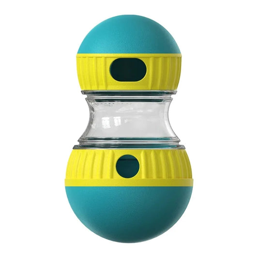 CanineChest Mind-Bottling Treat Toy in yellow and blue, a fun and interactive puzzle toy for dogs, ideal for stimulating and rewarding playtime.