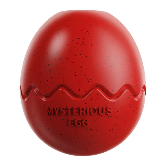 CanineChest Mysterious Egg slow feed toy in red, designed to hold treats and promote slower eating for dogs, perfect for interactive mealtime.