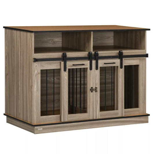 CanineChest Oak Wood Dog Kennel with built-in shelves, a stylish and functional pet space that blends seamlessly with home decor.