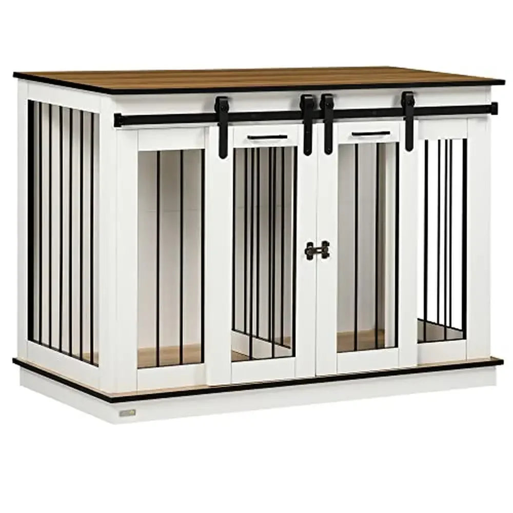 CanineChest rustic farmhouse dog crate end table, a spacious double-door kennel with divider, designed for large and small dogs.