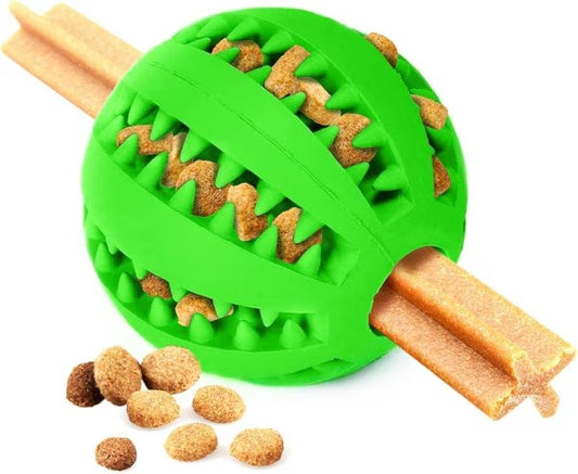 CanineChest green tooth cleaning chew toy filled with dog food and treats, ideal for interactive play and dental health.