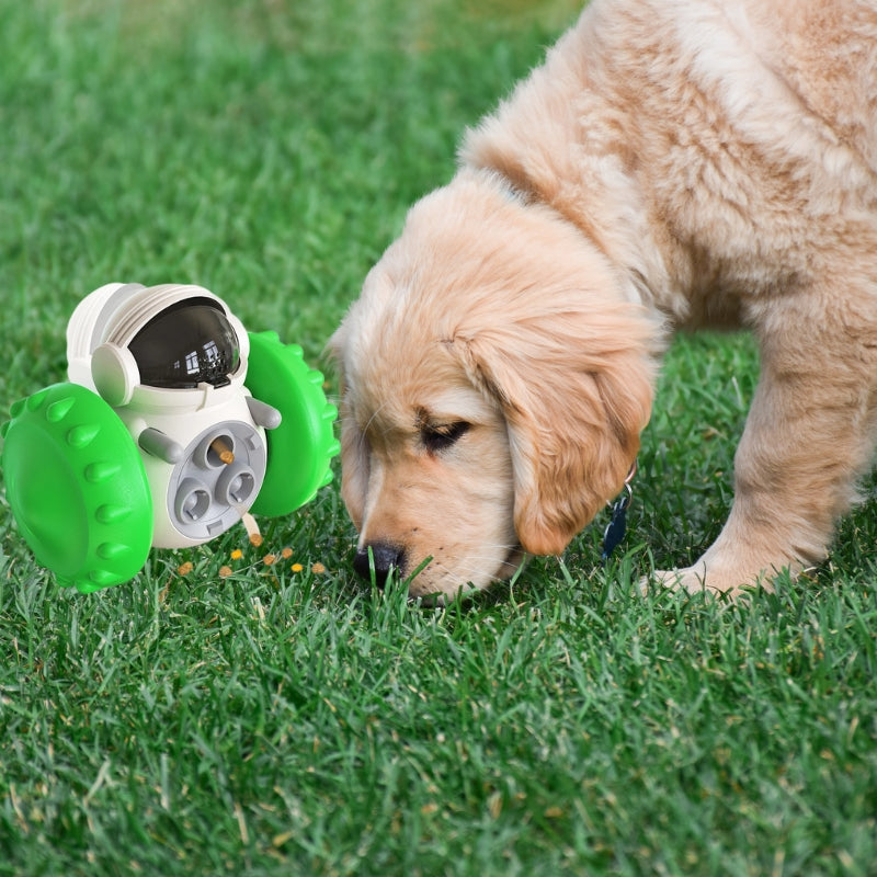 CanineChest green tumbler food dispenser robot, an entertaining feeder that dispenses treats to keep dogs and cats engaged.