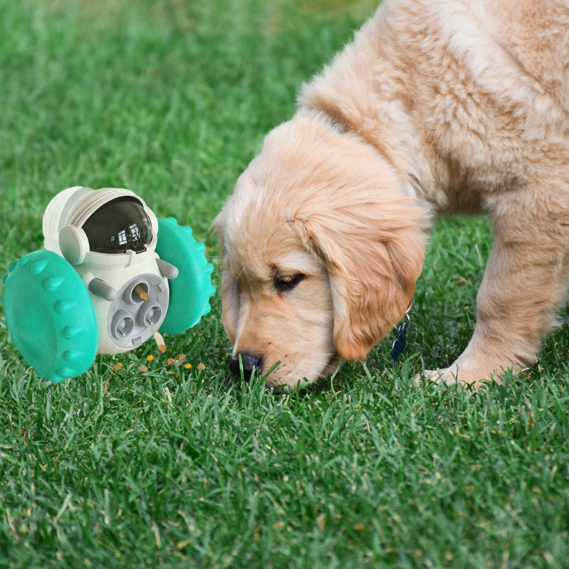 CanineChest turquoise tumbler food dispenser robot for pets, a fun and interactive feeder that rewards with treats for playful dogs and cats.