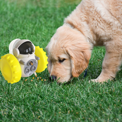 CanineChest yellow tumbler food dispenser robot, designed to keep pets active and entertained by dispensing treats during playtime.