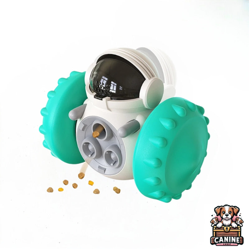 CanineChest turquoise tumbler food dispenser robot, an interactive pet feeder designed to keep dogs and cats entertained while dispensing treats.