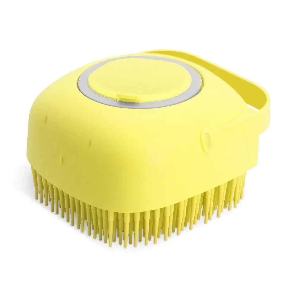 CanineChest shampoo filling dog brush, a convenient grooming tool that dispenses shampoo during brushing for an easy, thorough pet bath.