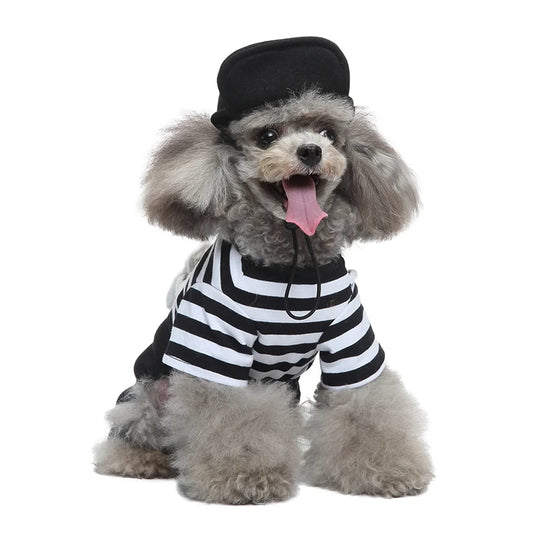 Dog wearing CanineChest Jail Heist Costume, a prisoner outfit with a humorous design, ideal for parties, Halloween, and fun events.